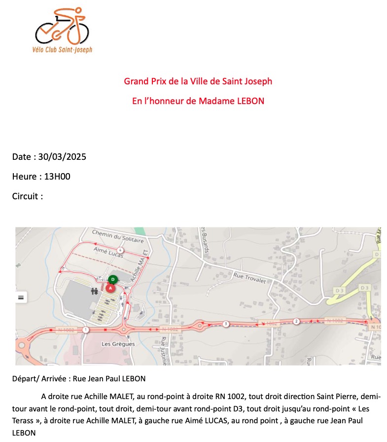 PLAN ITINERAIRE GP Cycliste Ville St Joseph VCSJ
