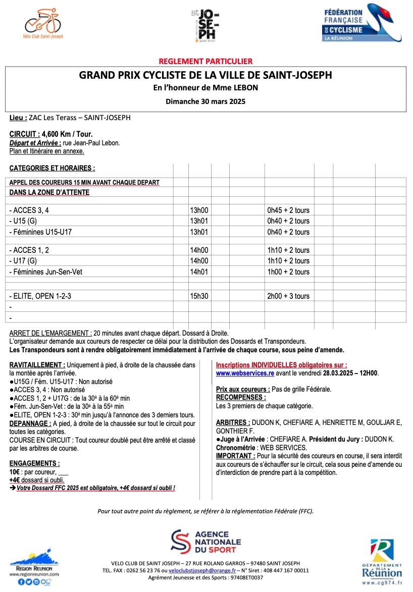 REGLEMENT GP Cycliste Ville St Joseph VCSJ