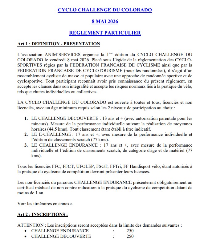 REGLEMENT Cyclo Challenge du Colorado
