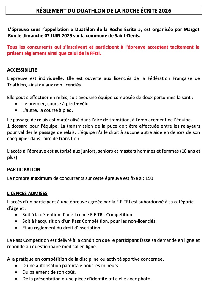 REGLEMENT Duathlon Roche Ecrite 2026 MargotRun